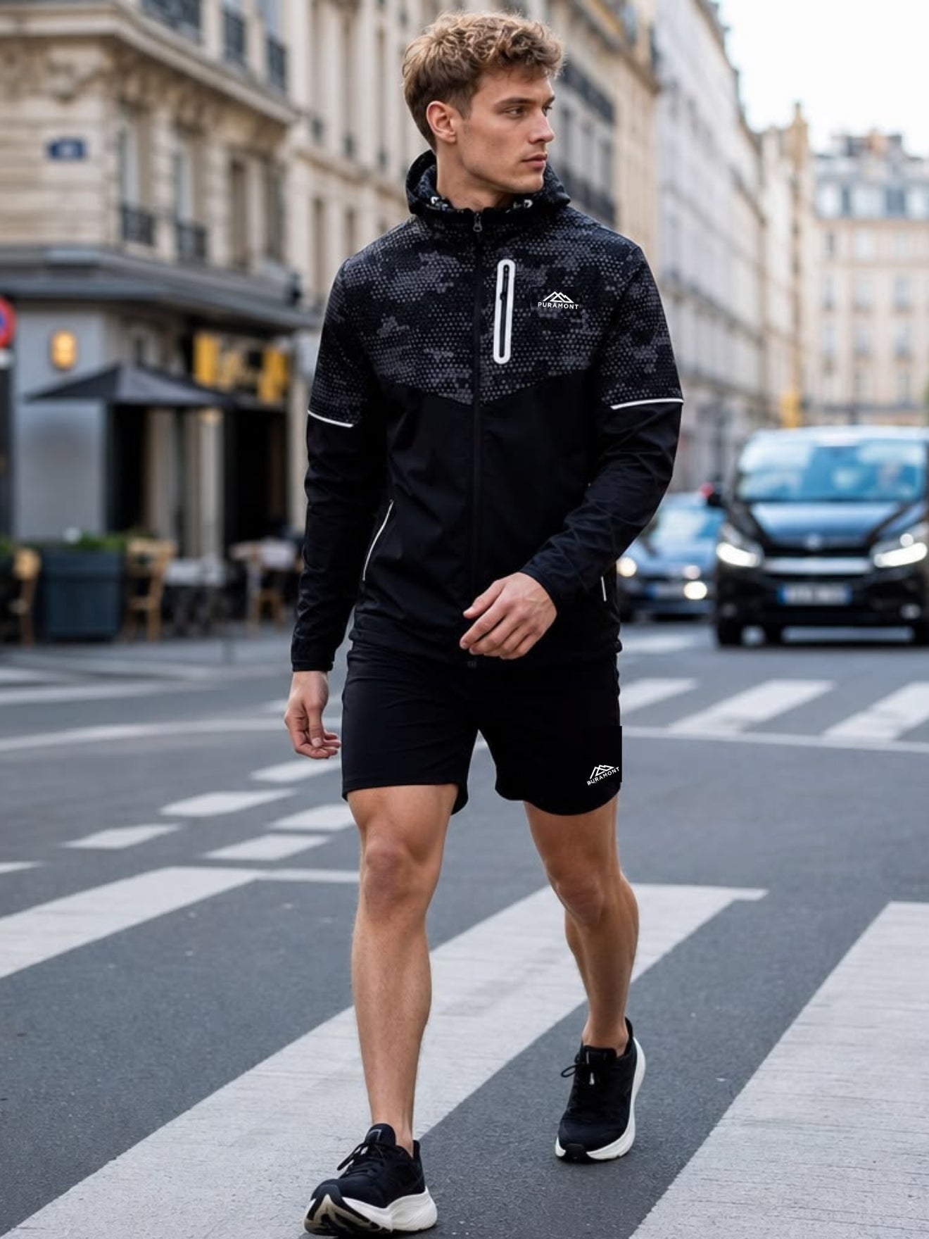 Puramont Ascend Collection premium activewear — jacket, tee, shorts, and twin set laid out on a clean background